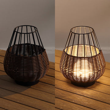 Elian 10" Modern Rustic Decorative Indoor/Outdoor Faux Wicker Rechargeable/Cordless Dimmable Integrated LED Table Lamp, Set of 2